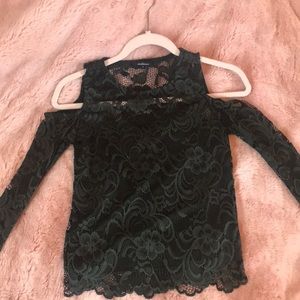 Dark green mesh open shoulder top